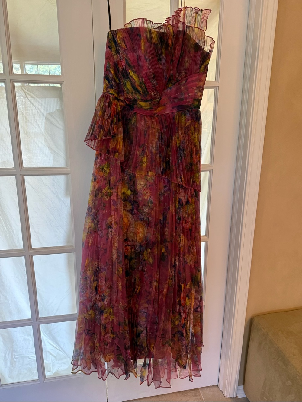Theia One-Shoulder Pleated Floral Maxi Dress in Berry Multi